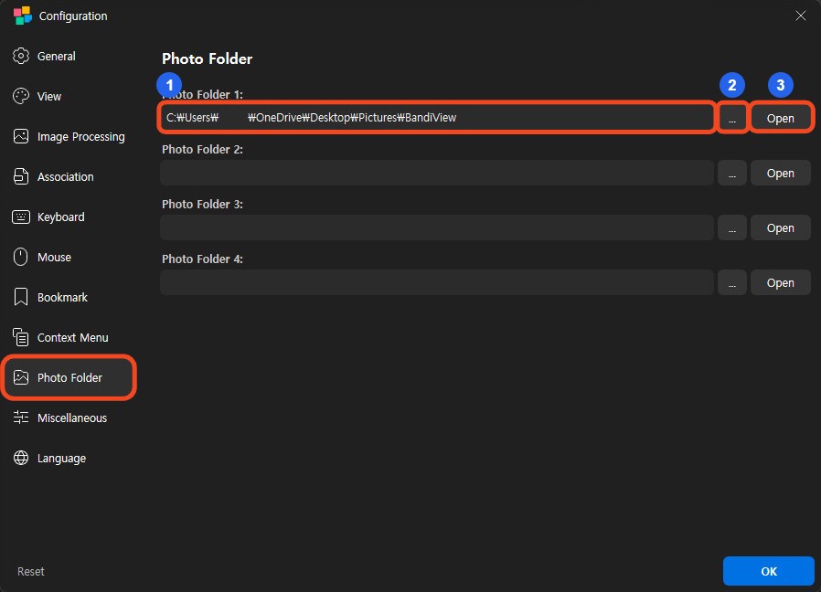 Photo Folder settings controls numbered 1–3: path field, browse button, and Open button